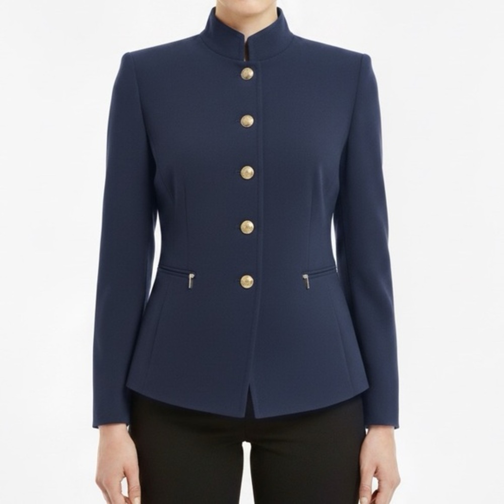 Tahari ASL Military Style Blazer Jacket Navy & Gold Buttons & Zipper Pockets 4P